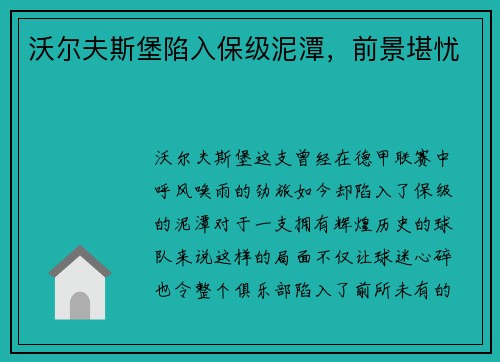 沃尔夫斯堡陷入保级泥潭，前景堪忧