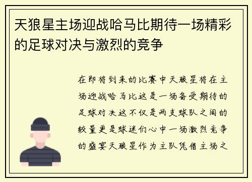天狼星主场迎战哈马比期待一场精彩的足球对决与激烈的竞争